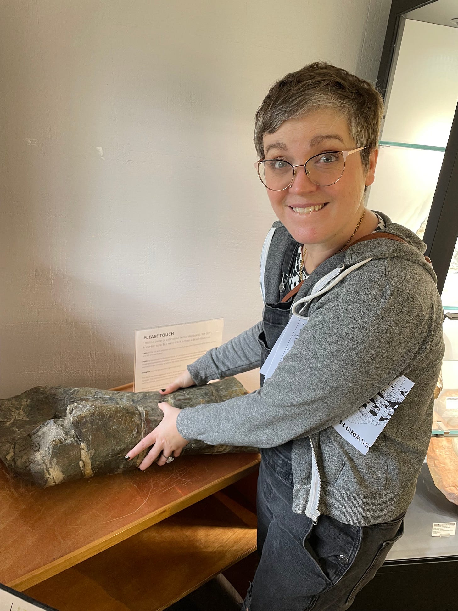 a white person with short hair wearing a sweatshirt is excitedly clutching at a large fossiziled dinosaur bone in a museum that says "please touch"