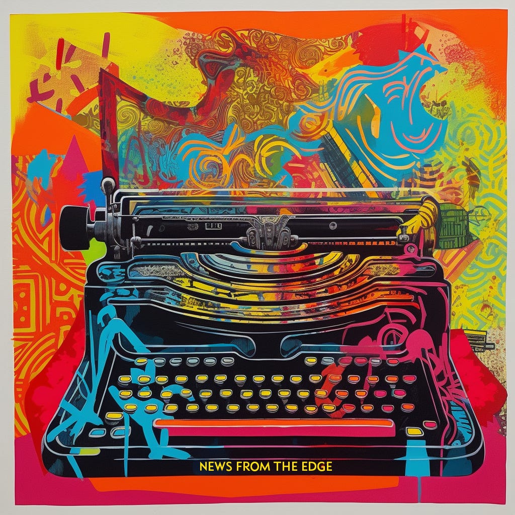 mixed media artwork, multi-colored, vibrant, typewriter