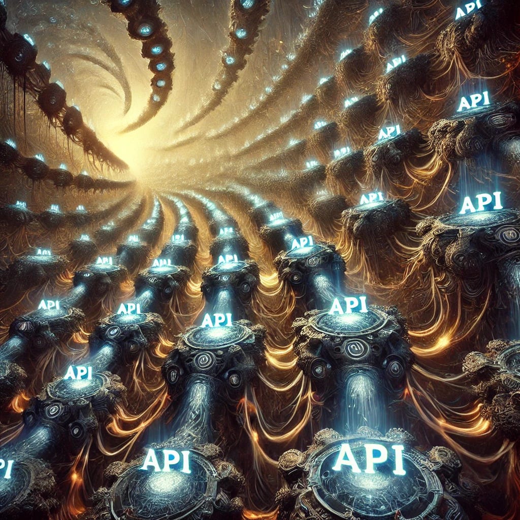 A surreal, HR Giger-inspired visualization of the rapid increase in API usage. The image features a biomechanical network of interconnected systems, each node representing an API, glowing with pulsating energy. The background is dark and futuristic, with intricate, organic, machine-like structures symbolizing the complexity of software integration. Tendrils of light link the nodes, illustrating the growth and expansion of the API ecosystem, while a sense of exponential scaling is evoked through spiraling patterns. The overall tone is eerie yet technologically advanced, with a hauntingly beautiful aesthetic.