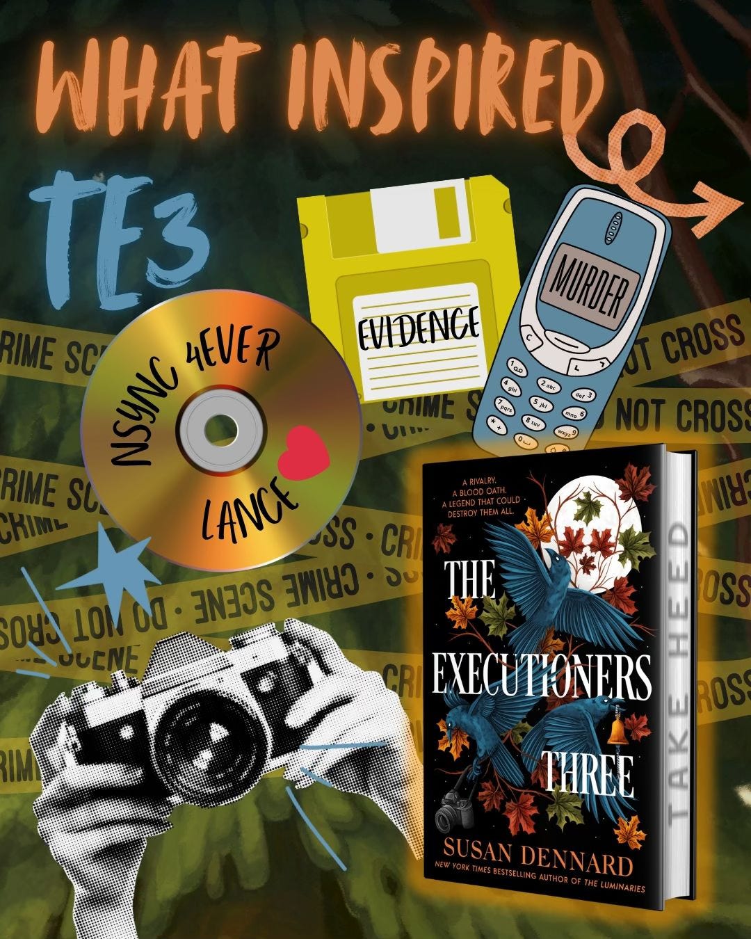 A graphic that reads "what inspired TE3" and shows a CD (with the words NSYNC FOREVER), a floppy disk (with the word EVIDENCE), a Nokia (with the word MURDER), hands holding a camera, and the cover of TE3