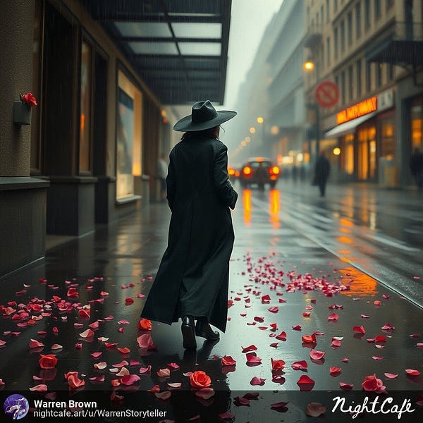 woman on rain and roses covered street