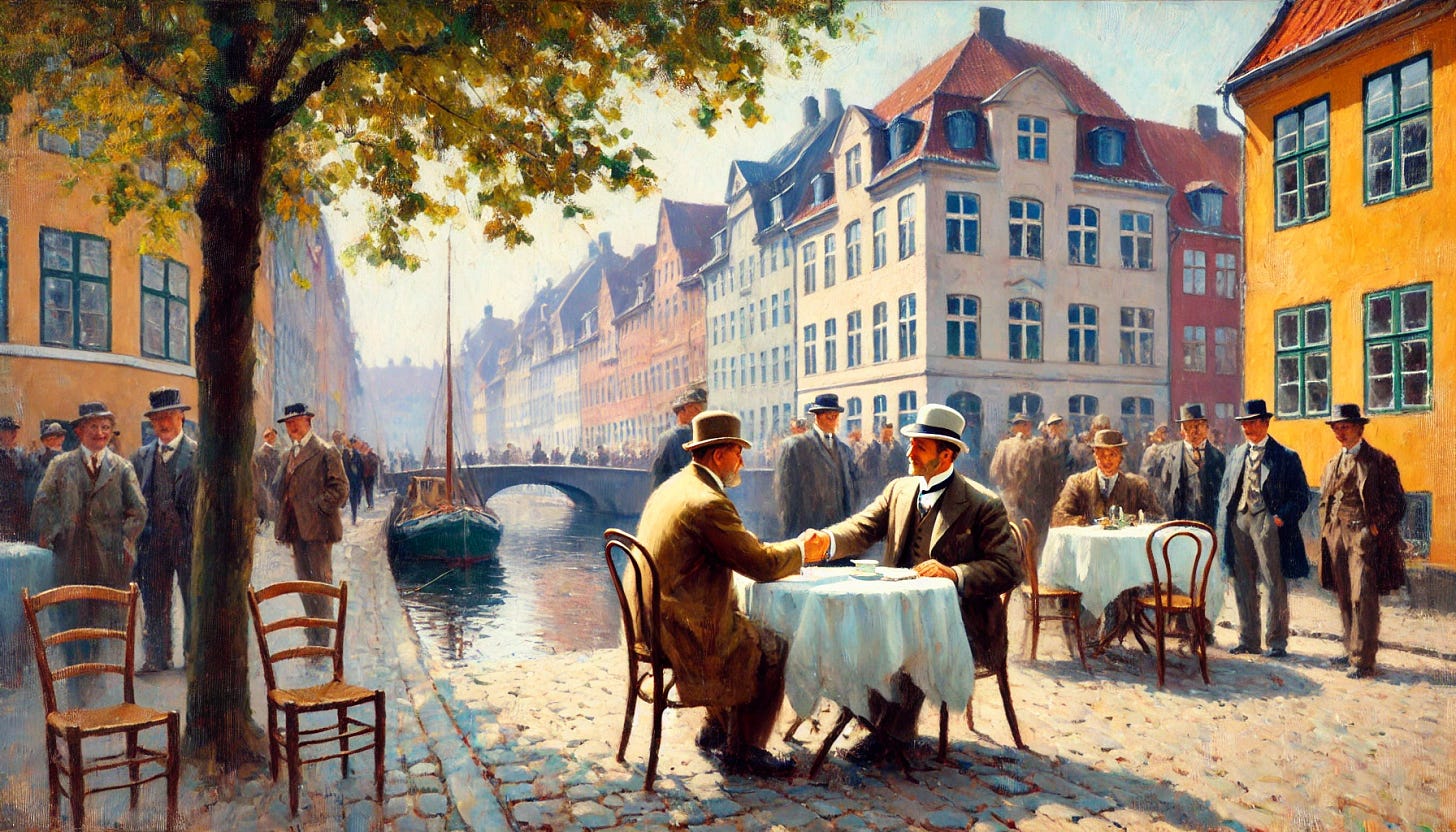 An impressionistic oil painting depicting two men sitting at a table in Copenhagen, shaking hands after concluding a deal. The scene is reminiscent of Fritz Syberg's style, filled with soft, dappled light and a serene atmosphere. In the background, old European buildings with charming facades line cobblestone streets, and a canal with small boats reflects the quaint, historic charm of Copenhagen. The color palette is gentle and pastel-like, capturing the essence of a peaceful, sunny day. The entire scene radiates tranquility, with the soft brushstrokes evoking a sense of harmony and contentment.