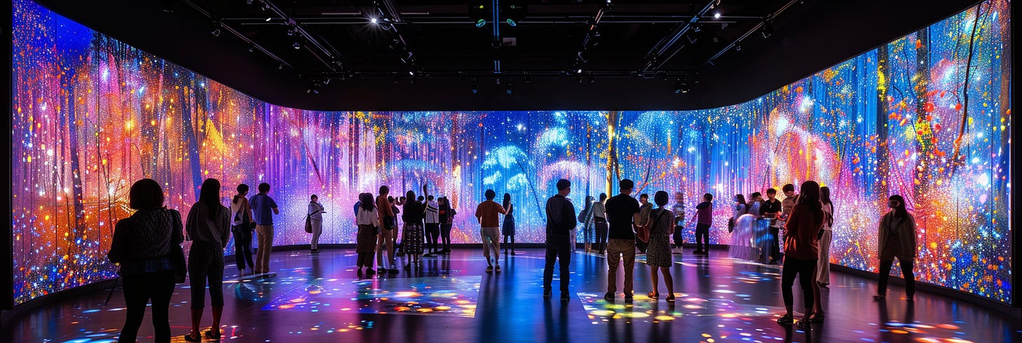 This image shows a group of people immersed in a stunning, expansive digital art installation. The walls and floor are enveloped in a captivating display of lights and colors, reminiscent of a starry night sky or an enchanted forest. Vivid hues of blue, pink, yellow, and orange blend to create an otherworldly landscape that engulfs the viewers, reflecting off the glossy floor to enhance the immersive experience. The spectators stand in awe, some capturing the moment with their cameras, as they are surrounded by this dazzling fusion of art and technology.
