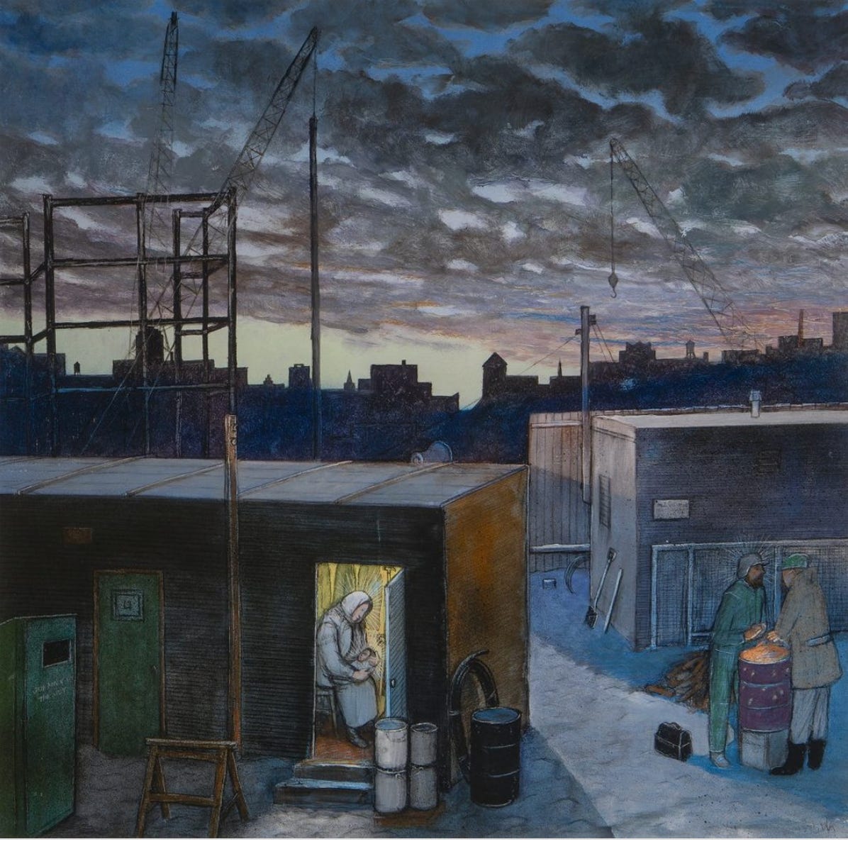 painting of a woman cradling a baby in a temporary shelter at a construction site. two men warm themselves by a trash-can fire outside