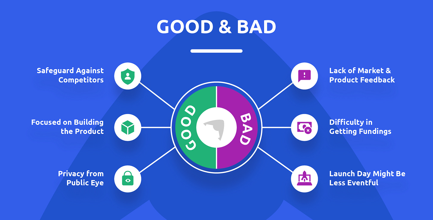 Comparison of stealth startups versus traditional startups, highlighting pros and cons.