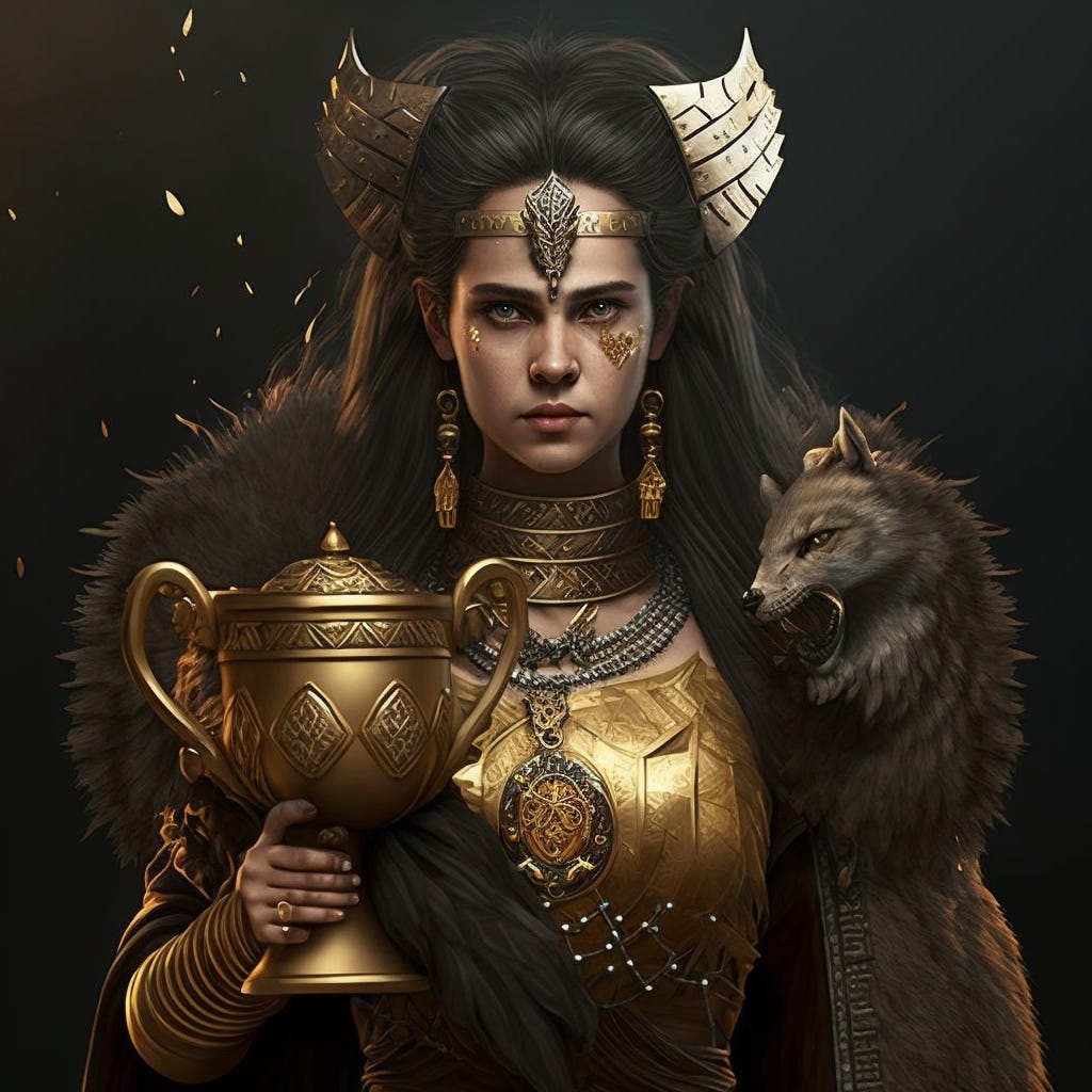 Thracian woman wearing fur & leather armor holding a golden cup, in the style of Frank Frazeta