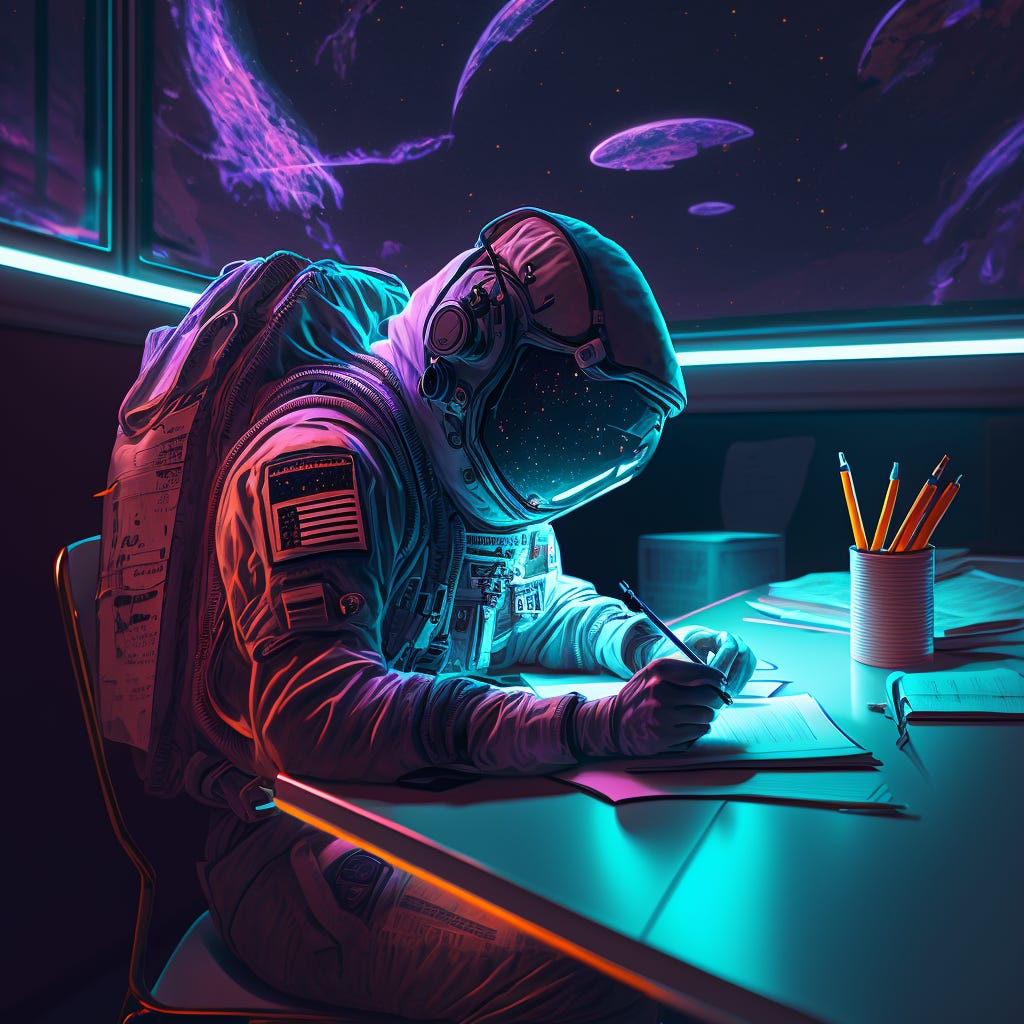 Generate an ultrarealistic, visually striking image that features an astronaut sitting at a classroom desk, writing in a notebook. The image should be enhanced by the use of retrowave neon colors and should be rendered in a low-poly format to achieve a unique and dynamic visual aesthetic with an 8K render output. Also, use light and shadow to help enhance the image quality.