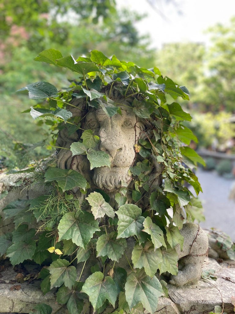 Lion covered in ivy Elizabeth Street Garden NYC