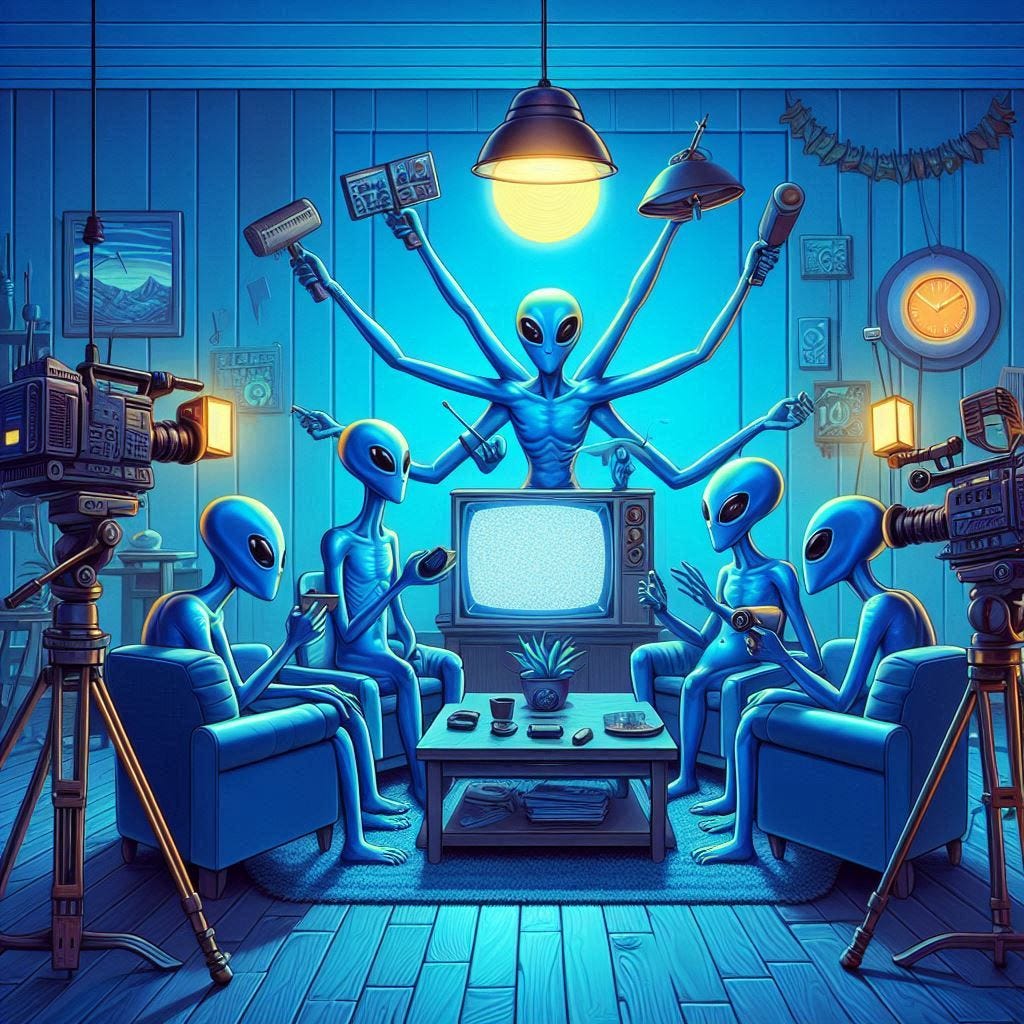 blue four-armed aliens in a sitcom living room, television set, cameras, solarpunk digital art