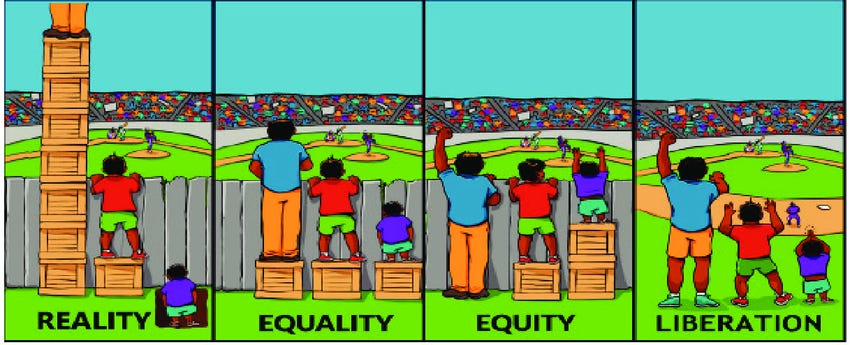 Panel 1, labeled Reality, shows a tall man on many milk crates standing well above a fence easily looks over a sports field. Meanwhile a middle height person has 1 crate and just looks over the fence, while a shorter person stands blind to the game shoulder deep in a hole. Panel 2, labeled Equality, has all 3 people of different heights standing on a crate, and the shortest still can't see, although the tallest didn't need a crate, and the middle height person can easily see with one crate. Panel 3, labeled Equity, gives each person the milk crates they need so that each can see equally. Panel 4, labeled liberation,  shows all able to see while standing on the ground with no fence to block them. 