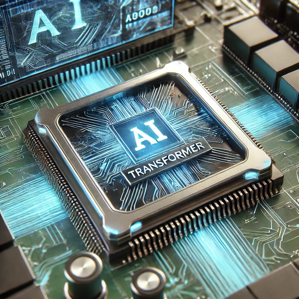 A detailed image of an artificial intelligence chip designed for an AI architecture called 'transformer'. The chip is sleek and futuristic with intricate circuitry patterns and the word 'Transformer' etched onto it. It is embedded on a motherboard with glowing blue and green lights highlighting its connections. The background features a high-tech lab environment with holographic screens displaying data and AI algorithms.