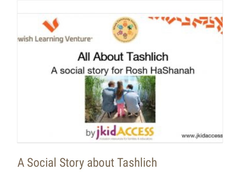 Cover of the social story 'All about Tashlich' picturing a child and parents at a stream