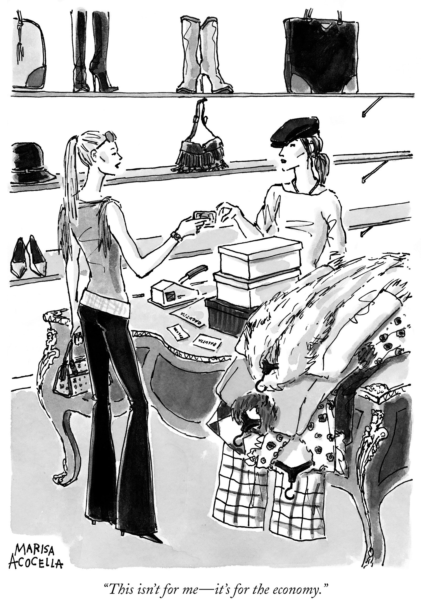 Dibujo de Marisa Cocella en el que se ve a una chica comprando un montón de ropa. Abajo una frase en inglés, a modo de diálogo: It's not for me, it's for the economy. 