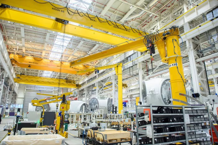 An assembly hall at the Siemens Gamesa wind turbine factory in Cuxhaven, Germany