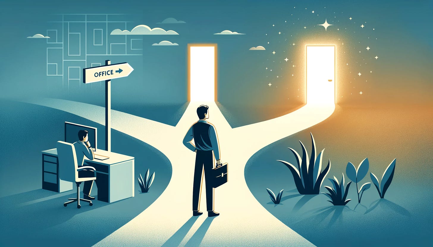 A minimalist and vector illustration style image depicting an office worker standing at a crossroads. One path shows a comfortable, familiar office setting, and the other leads to a bright, unknown future symbolized by a glowing door. The worker appears thoughtful, symbolizing anticipation and uncertainty about career growth and new challenges. The scene is set in a simple, abstract landscape to emphasize the concept of transition and opportunity.