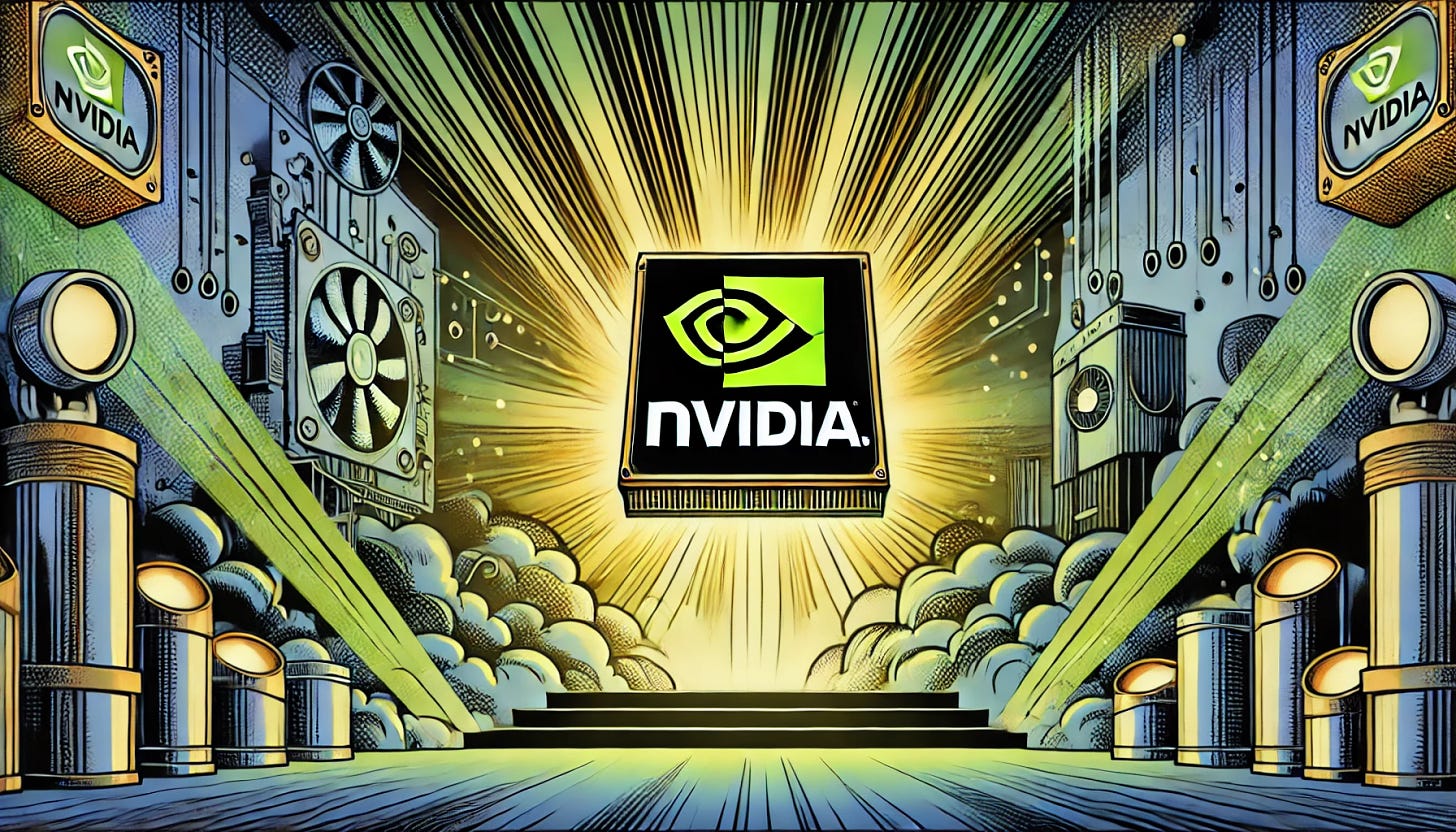 A vibrant pop-art style illustration depicting Nvidia in the spotlight. The scene is dramatic and eye-catching, featuring an artistic representation of a high-tech environment associated with Nvidia. The background should be dynamic with elements like circuitry or digital motifs to symbolize technology and innovation. The color scheme should include green and black tones, typical of Nvidia’s branding. The illustration should be detailed, visually appealing, and in a horizontal rectangular format with the dimensions of 1920x1080.