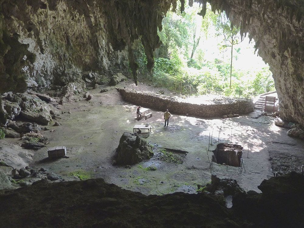Liang Bua cave with archaeologists pictured at center and excavation areas visible. 