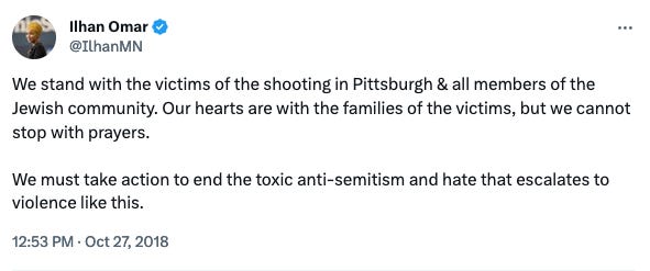 We stand with the victims of the shooting in Pittsburgh & all members of the Jewish community. Our hearts are with the families of the victims, but we cannot stop with prayers. We must take action to end the toxic anti-semitism and hate that escalates to violence like this.