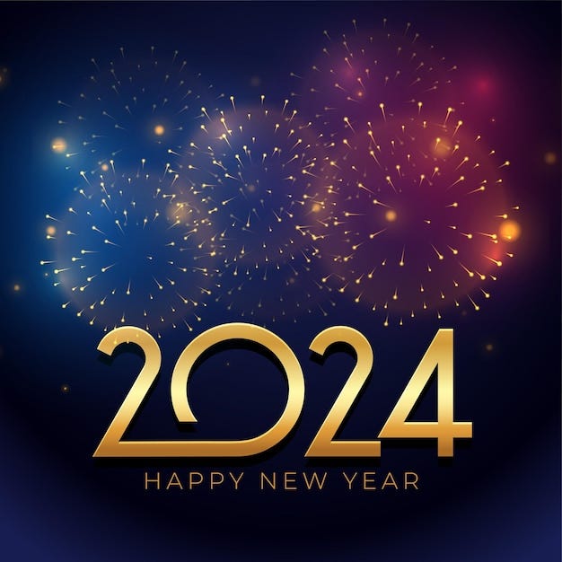 Free vector golden 2024 new year lettering background with firework decoration vector