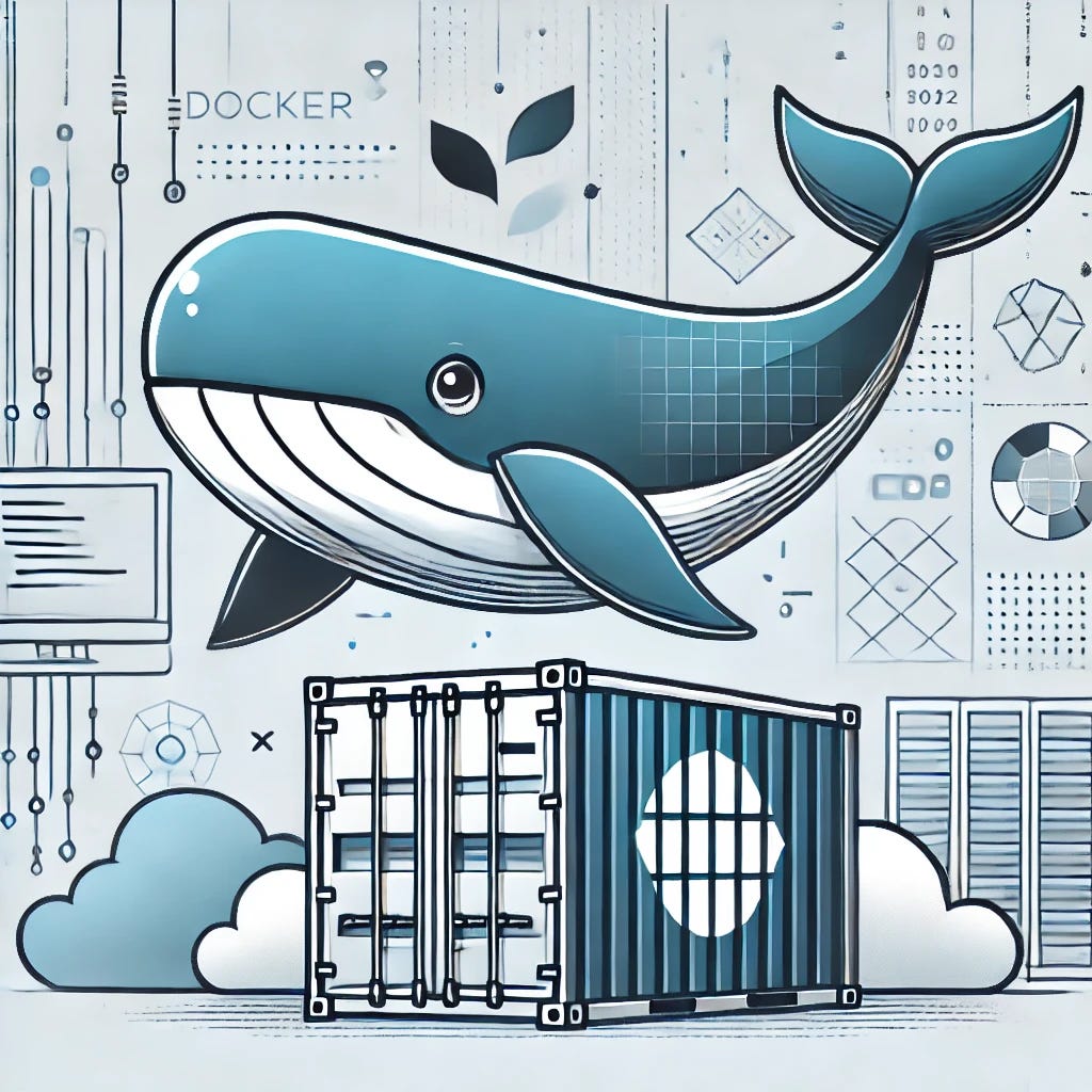 A modern, sleek illustration of a whale (symbolizing Docker) swimming around a container. The whale has a friendly expression, and the container is depicted in a minimalist, tech-inspired style with lines and geometric shapes. The background includes subtle elements of code, clouds, and servers to hint at technology and cloud infrastructure, all in a clean and professional color palette of blue, white, and grey.