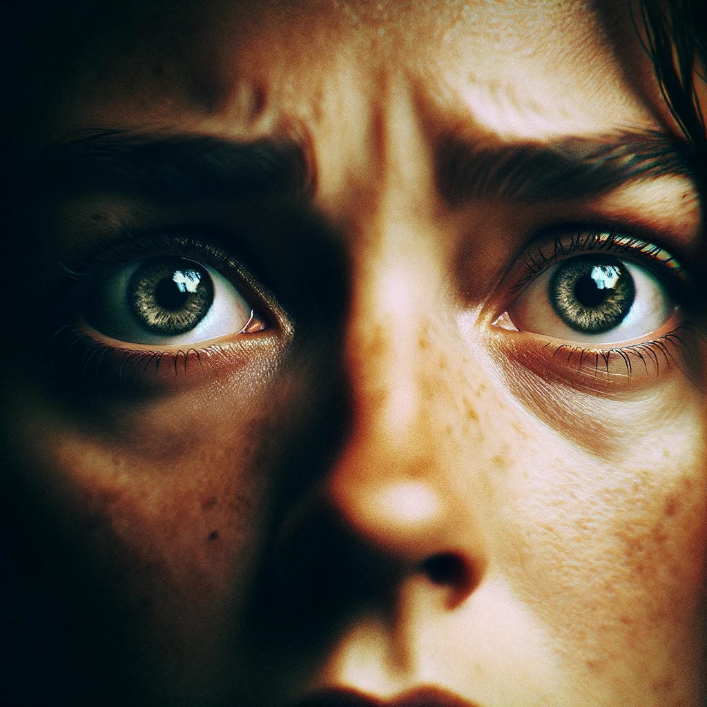 A close-up of a woman's eyes, expressing fear and pleading. The focus is on her eyes, which are wide and convey a strong emotional intensity. The surrounding features are blurred to emphasize the expressiveness of her eyes. The lighting is soft, highlighting the details in her eyes, such as the iris and pupils, and capturing the nuanced emotions of fear and pleading. The image is powerful and evocative, drawing the viewer into the emotional depth of the subject.