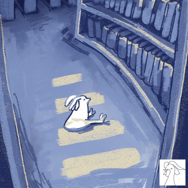 A blue-toned, sketchy digital painting depicting a small cartoon bird sitting in front of a full bookshelf with rows of bookshelves in the background.