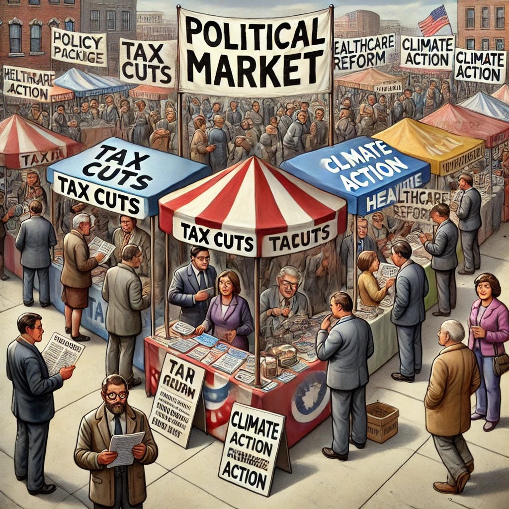 An illustration of a 'political market' concept. A public square styled like a market, with various politicians at market stalls offering 'policy packages' to groups of citizens passing by. Each stall has a sign showing a theme like 'tax cuts', 'healthcare reform', or 'climate action'. Citizens are reading flyers, asking questions, and some are discussing among themselves. One citizen looks sceptical, another is pointing toward a stall. The market scene includes posters, microphones, and some campaign volunteers. The atmosphere is lively but not chaotic, representing democratic choice and deliberation. The setting is symbolic, not a real-world location, with a balance of realism and metaphor.