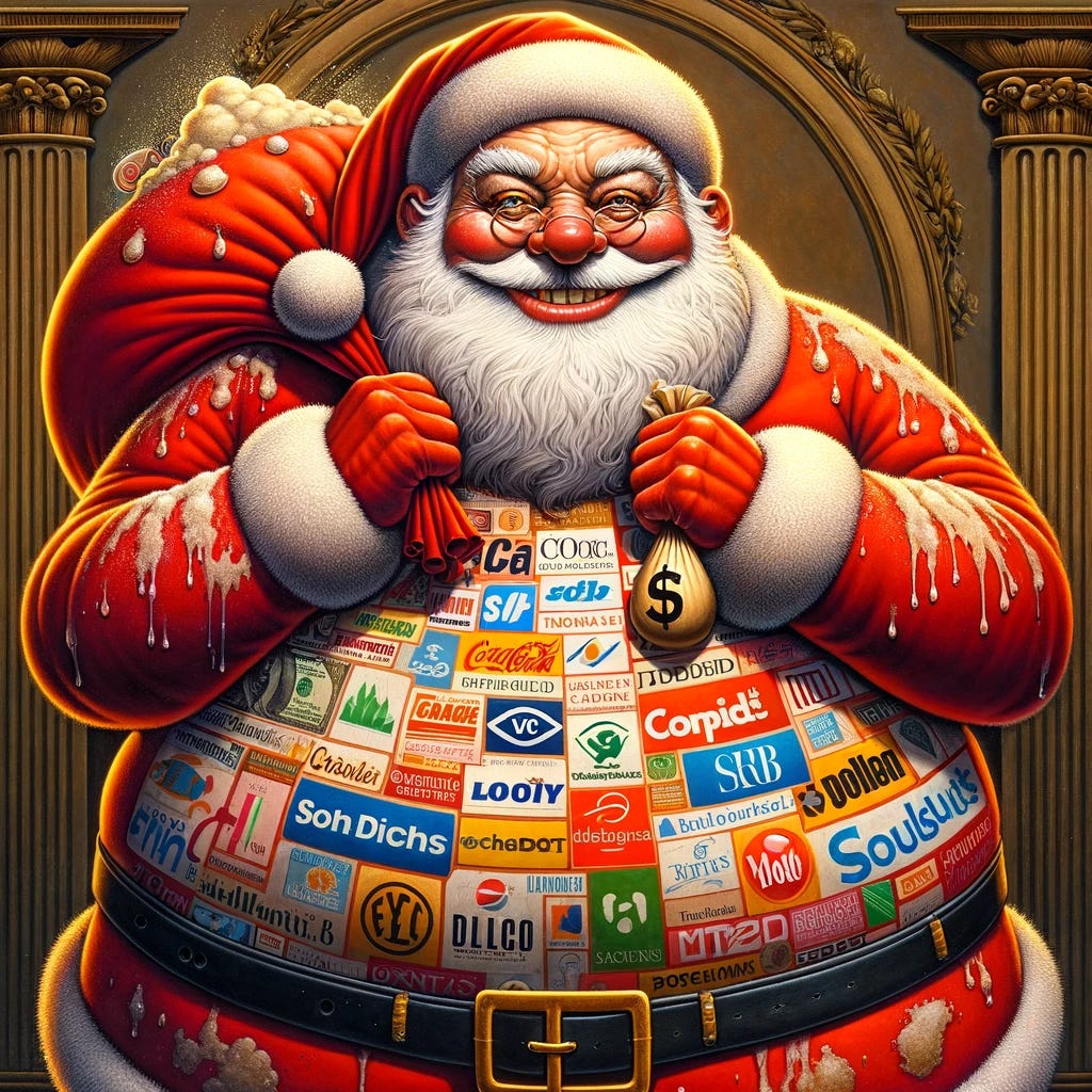 Santa but covered in brand sponsorships