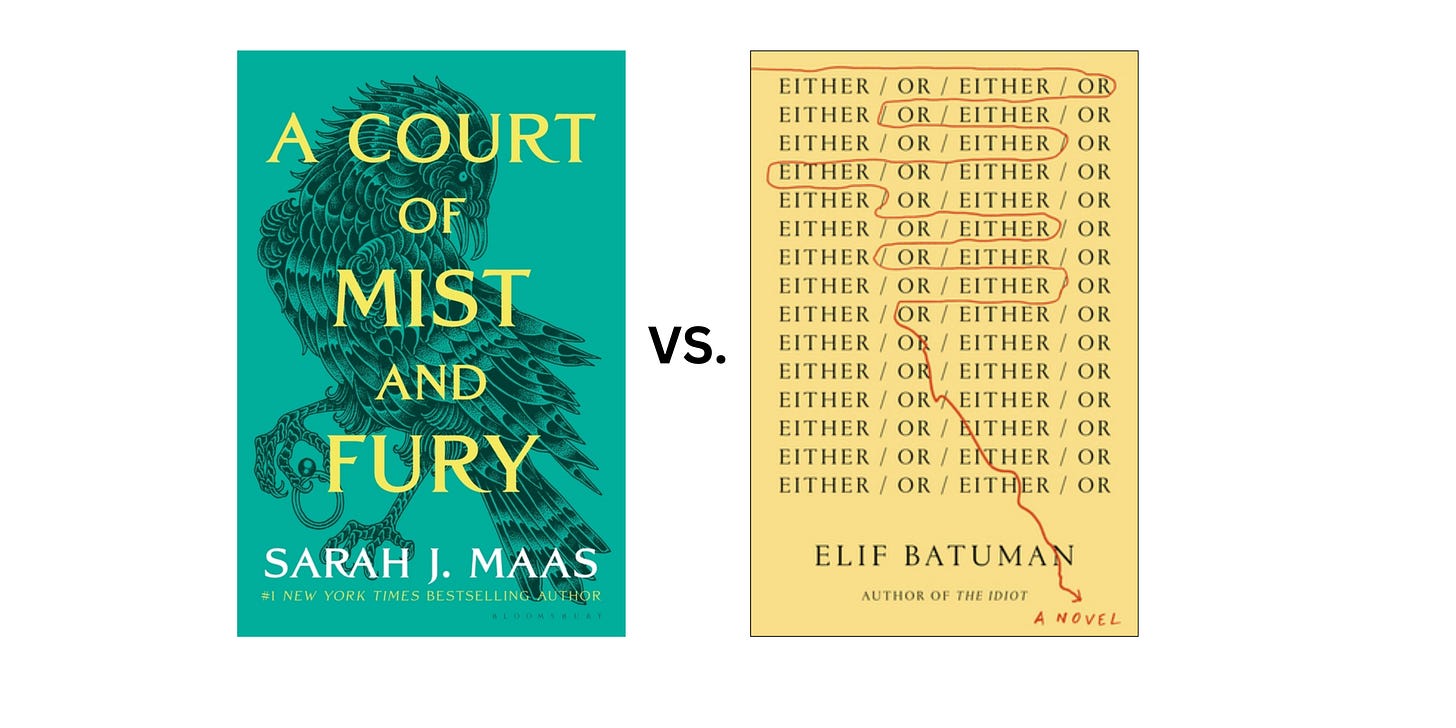 Book cover images for A Court of Mist and Fury by Sarah J. Maas and Either/Or by Elif Batuman