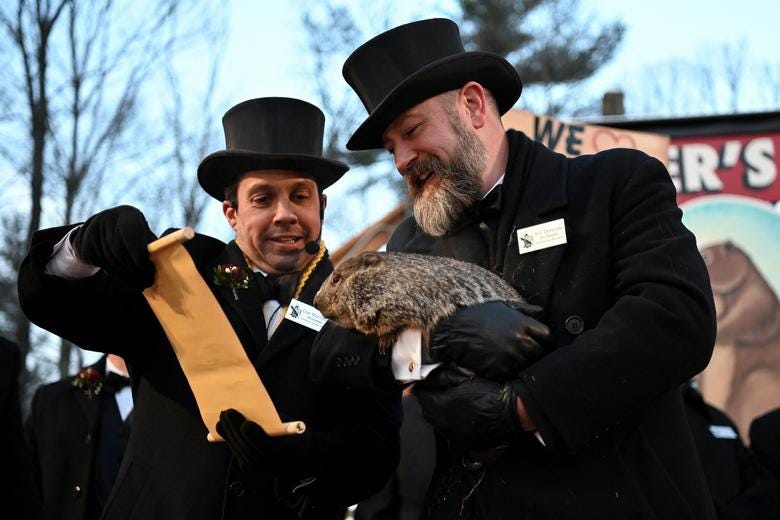 Phil the groundhog makes his prediction on how long winter will last, at Gobblers Knob in Punxsutawney, Pennsylvania, February 2, 2023. REUTERS/Alan Freed