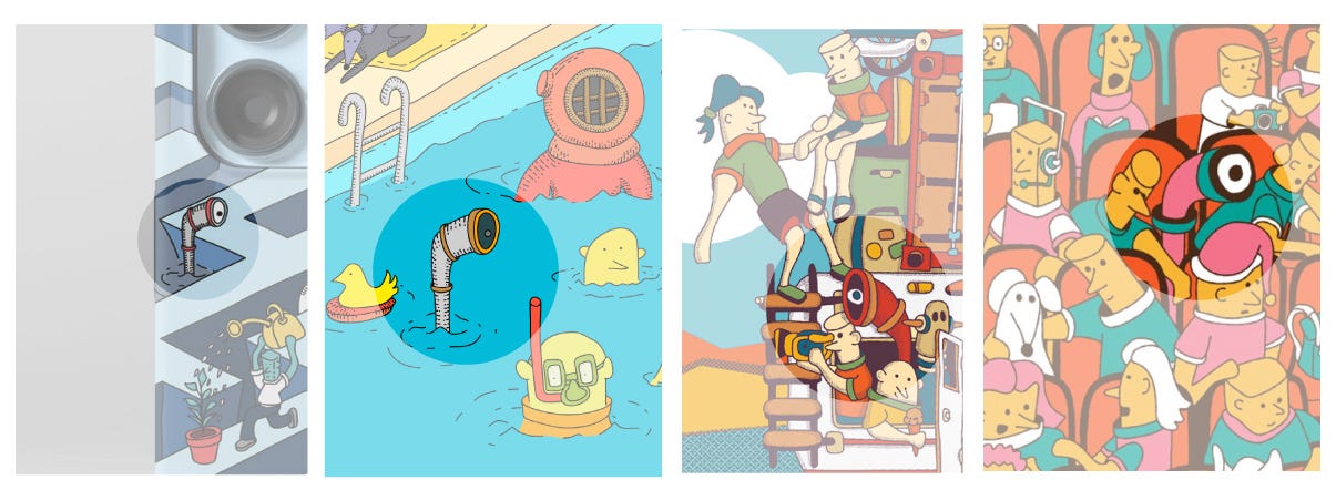 A grid of four close-ups of previous illustrations from my portfolio. The periscopes inserted in each of the illustrations are circled so they can be identified.