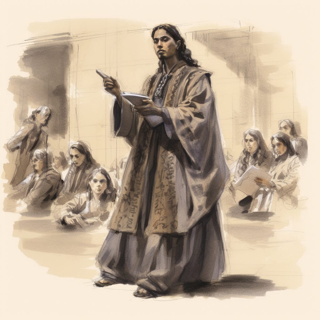 A handsome man in flowing robes recites poetry from a sheet of papers to a group of attendees.