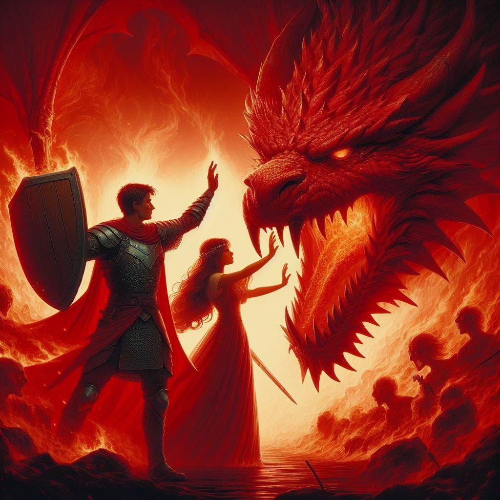 A young warrior holds up a shield, protecting a beautiful maiden from a large, angry, fire-breathing red dragon. Frank Frazetta style. Red glow. Heroic vibe.