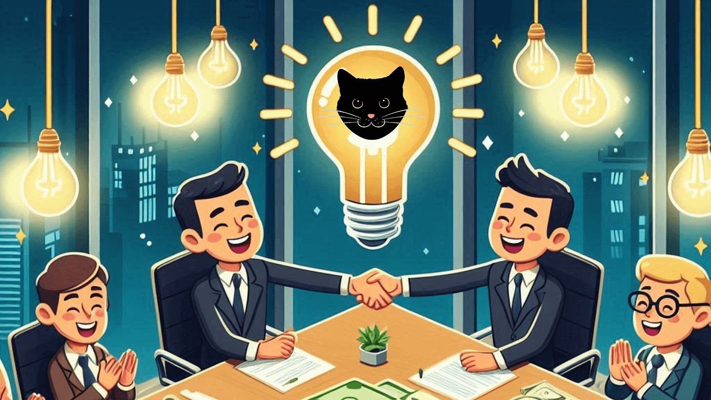 Image of handshake at a business meeting and a cat face