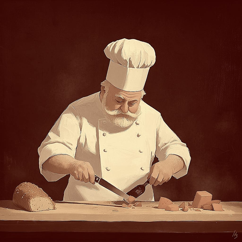 Humorous illustration of a chef slicing unidentifiable substance