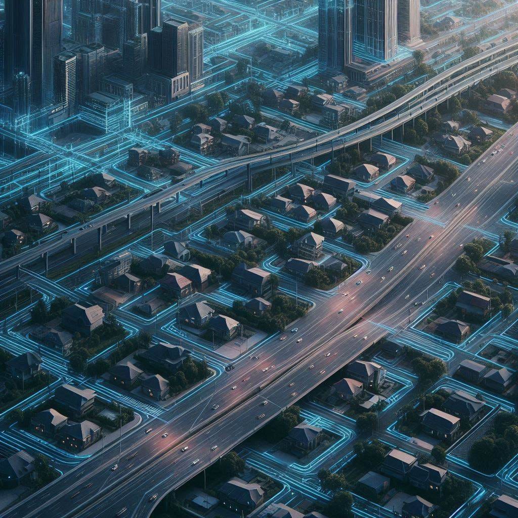 grid of single family homes, surrounded by highways, cyberpunk digital art