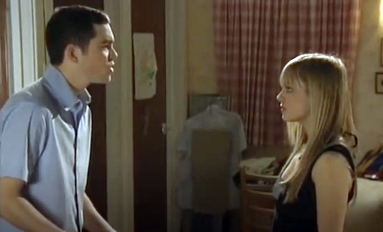 In scene from Coronation Street, Todd and Sarah have a very serious discussion in their grotty flat