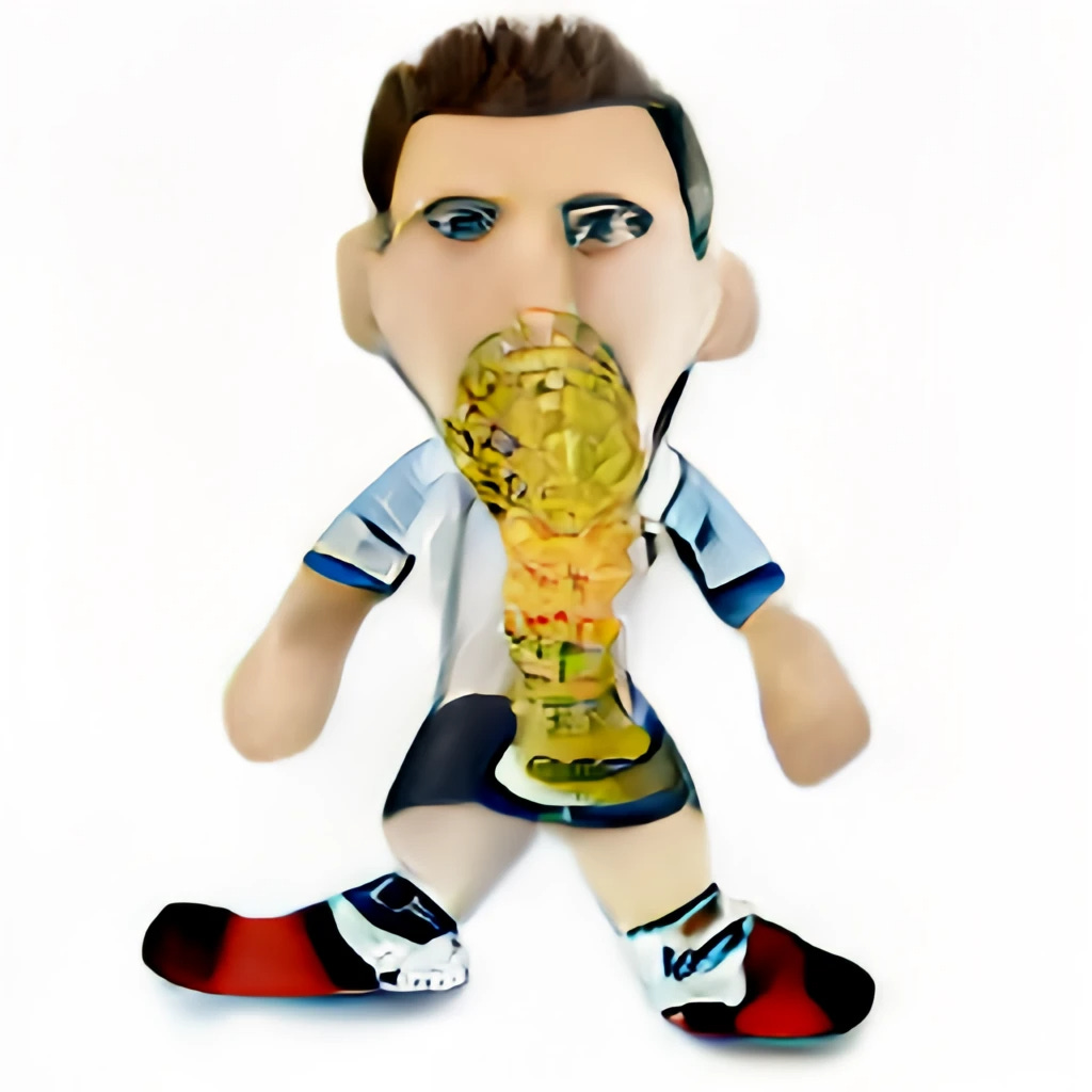 "plush toy of Lionel Messi with the world cup trophy" feito por ferramenta de inteligência artificial que faz tudo torto