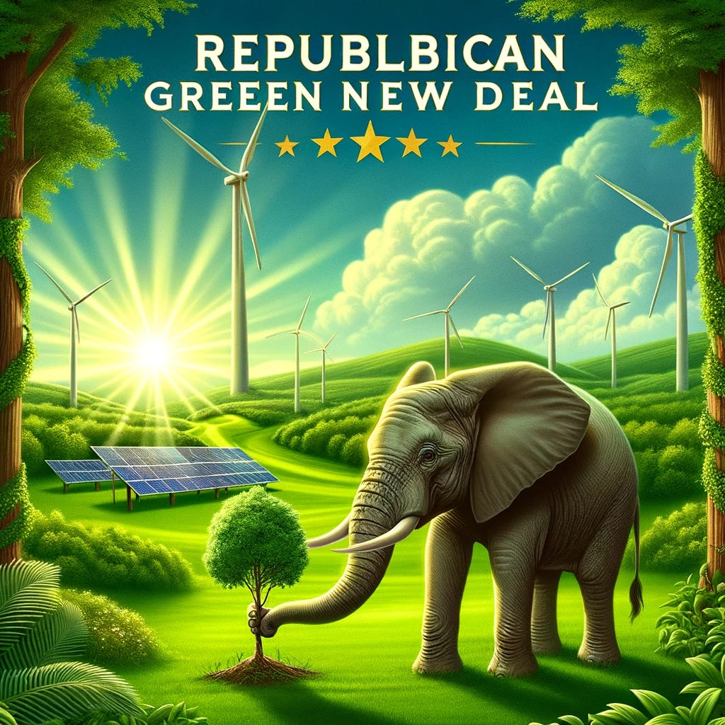 In a vibrant and lush green landscape, a majestic elephant, symbolizing the Republican Party, is gently planting a tree with its trunk, showcasing a commitment to environmental conservation. In the background, wind turbines and solar panels blend seamlessly with the natural scenery, representing renewable energy sources. The scene is bathed in bright sunlight, casting a hopeful and optimistic glow over the harmonious blend of conservative values and green initiatives. Above the scene, in elegant and bold lettering, are the words 'Republican Green New Deal', emphasizing the commitment to an environmentally sustainable future within a conservative framework.