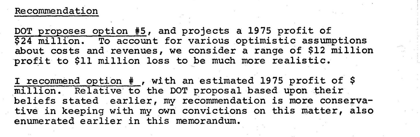 A black-and-white typed document section titled "Recommendation." The text discusses the Department of Transportation's (DOT) proposal for Option #5, projecting a 1975 profit of $24 million. It notes that due to optimistic assumptions about costs and revenues, a more realistic estimate would range between a $12 million profit and an $11 million loss. The second paragraph states, "I recommend option #, with an estimated 1975 profit of $ million." The writer describes their recommendation as more conservative compared to the DOT's proposal, aligning with their personal convictions and earlier points in the memorandum.