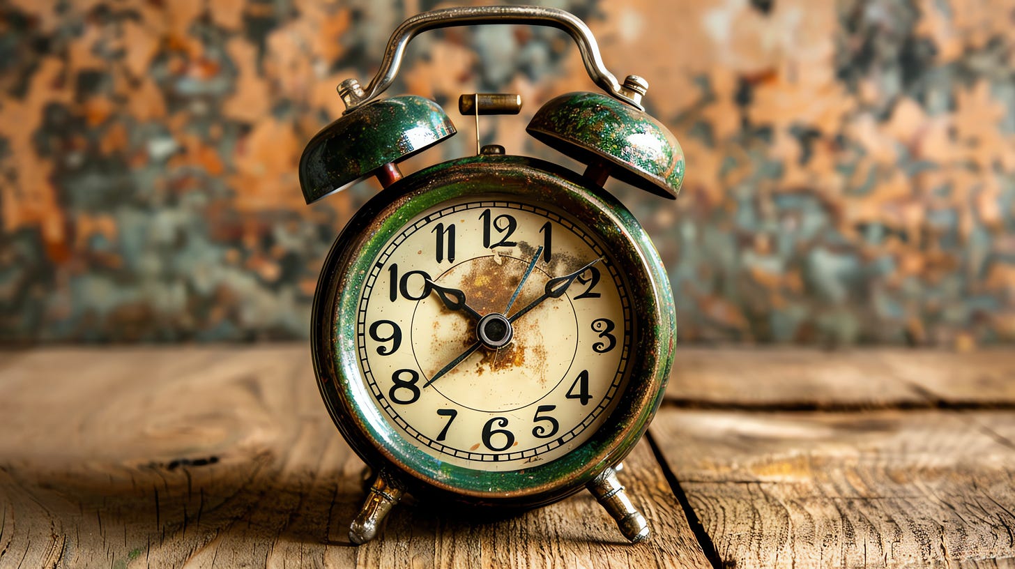 A closeup of a vintage green alarm clock on a wooden table. The clock is made of metal and has a round face with a yellowed, rusty dial and black numbers.