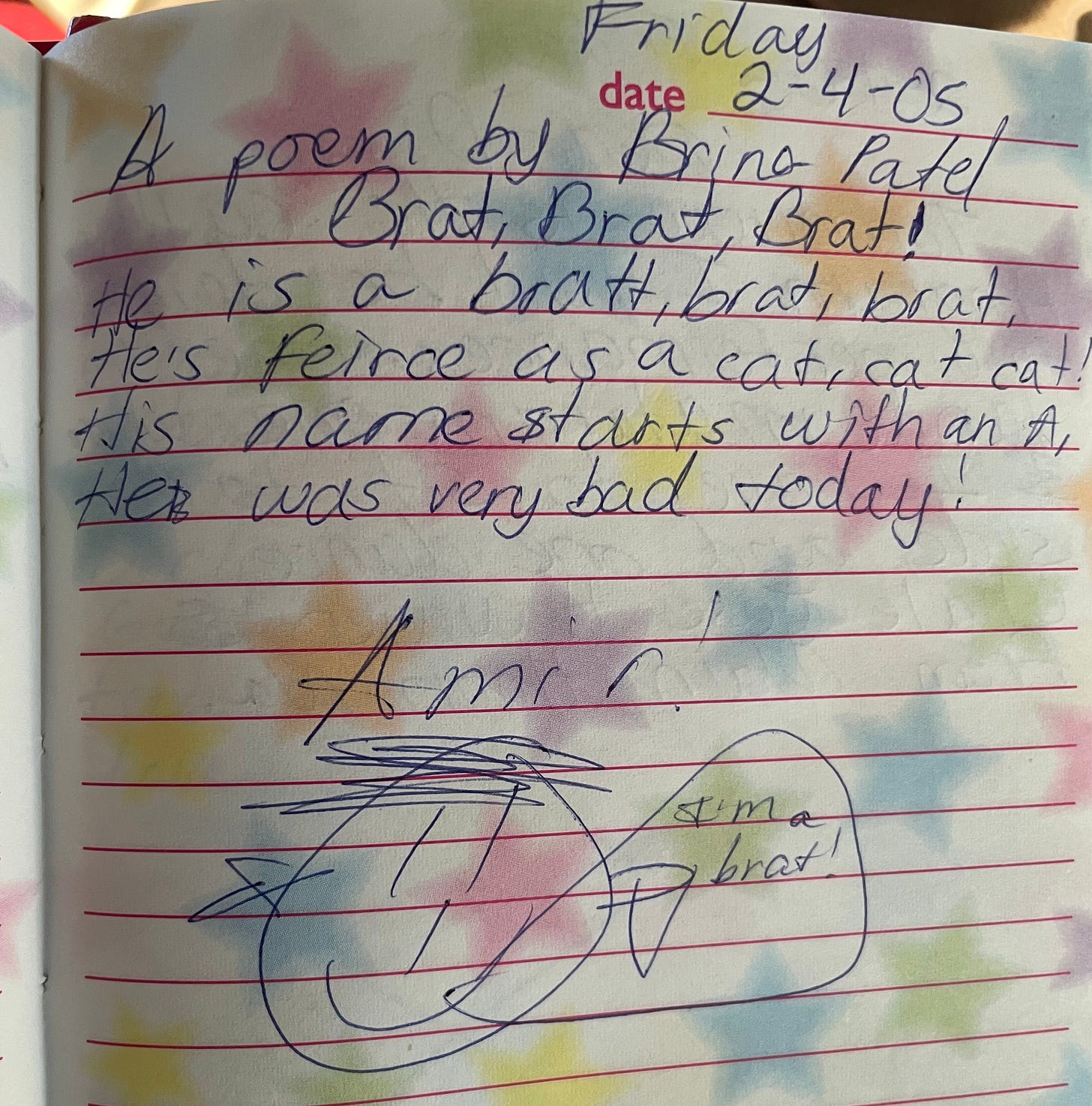 A poem written in blue ink and on white lined paper with faded colorful stars in the background. Includes a sketch of a boy labeled "Amir" with a speech bubble that says, "I'm a brat!"