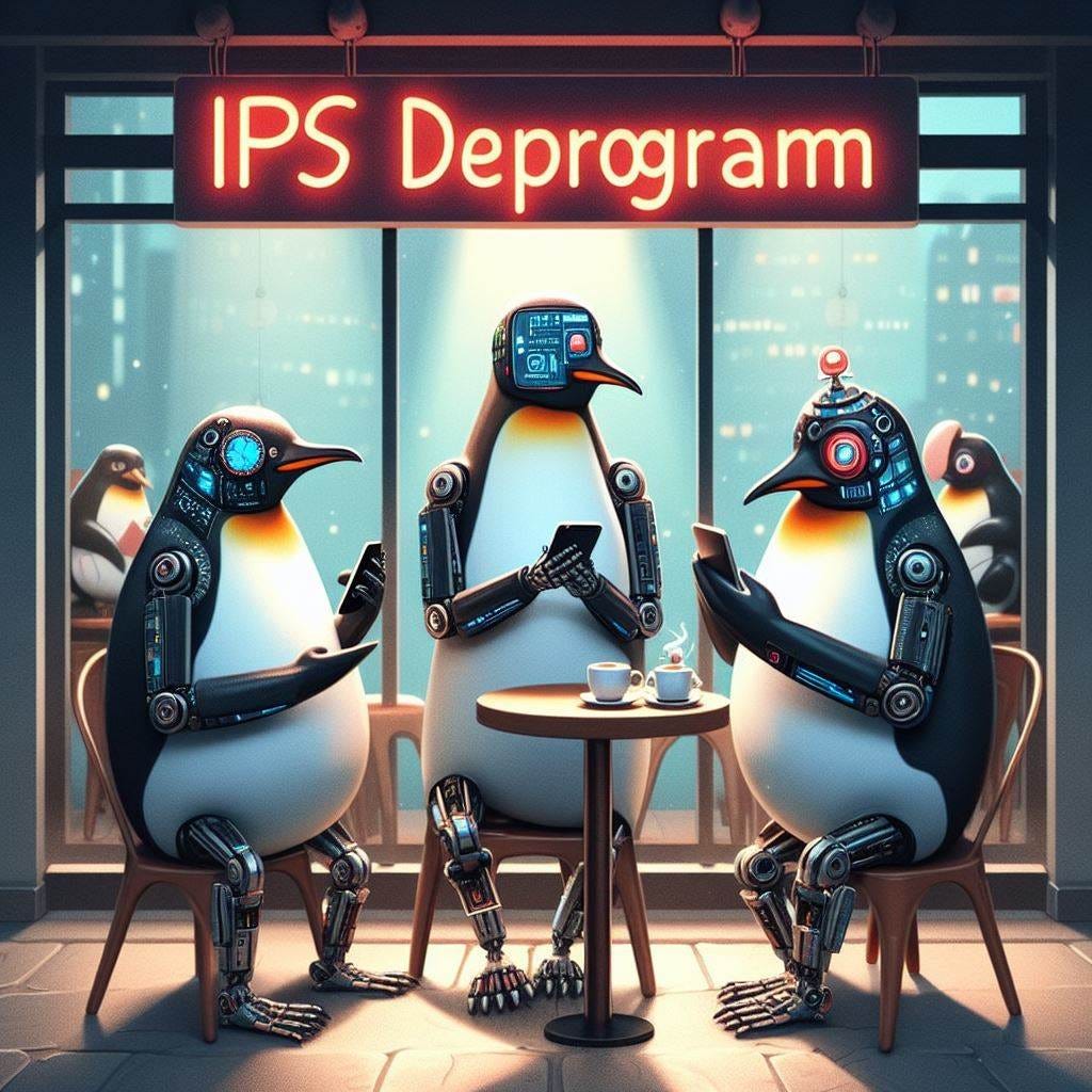 I need an image of cyborg penguins in a cafe chatting on smartphones, sign says "IPS DEPROGRAM"