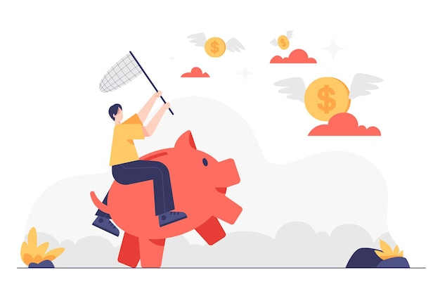 Free vector young man is riding on piggy bank use insect net trying to catch flying dollar coin, dollars flying away, saving money concept, cartoon vector illustration