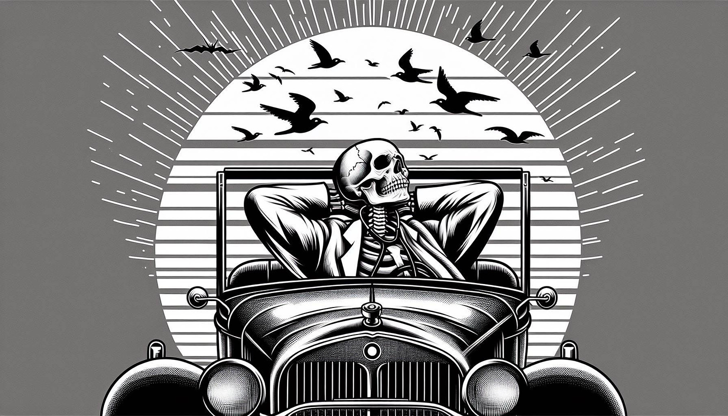 a skeleton doctor driving a car with its hands behind its head relaxing in black and white art deco style with birds and a sunset in the background