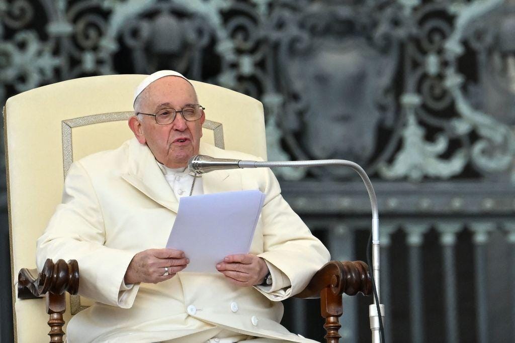  Pope Francis speaks during the weekly general audience at St. Peter's Square in the Vatican on April 5, 2023. (Filippo Monteforte/AFP via Getty Images)