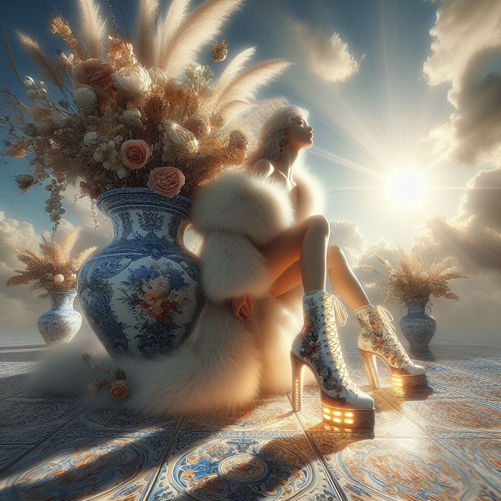 Hyper realistic; tilt shift; Lensbaby Effect: woman LED Light-Up Shoes /Faux Fur Stole. Wedgwood Jasperware Vases:full of wispy and fluffy flowers and dried flowers. Morrocan tile with rococo details. Crystak sky. .sunny sky, fluffy clouds. Vast distance. sunshower. radiant