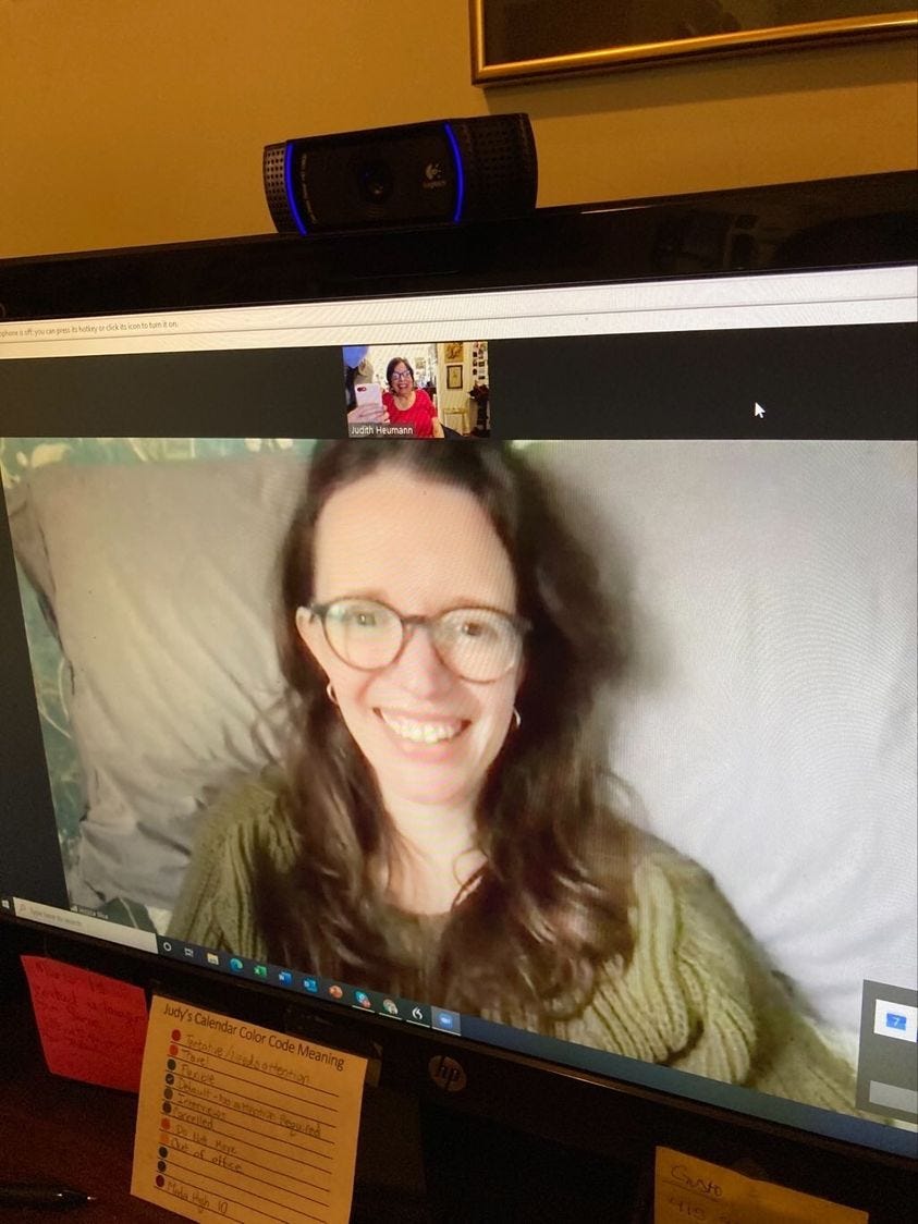 screenshot from a facetime call with Judy Heumann and Jessica Slice