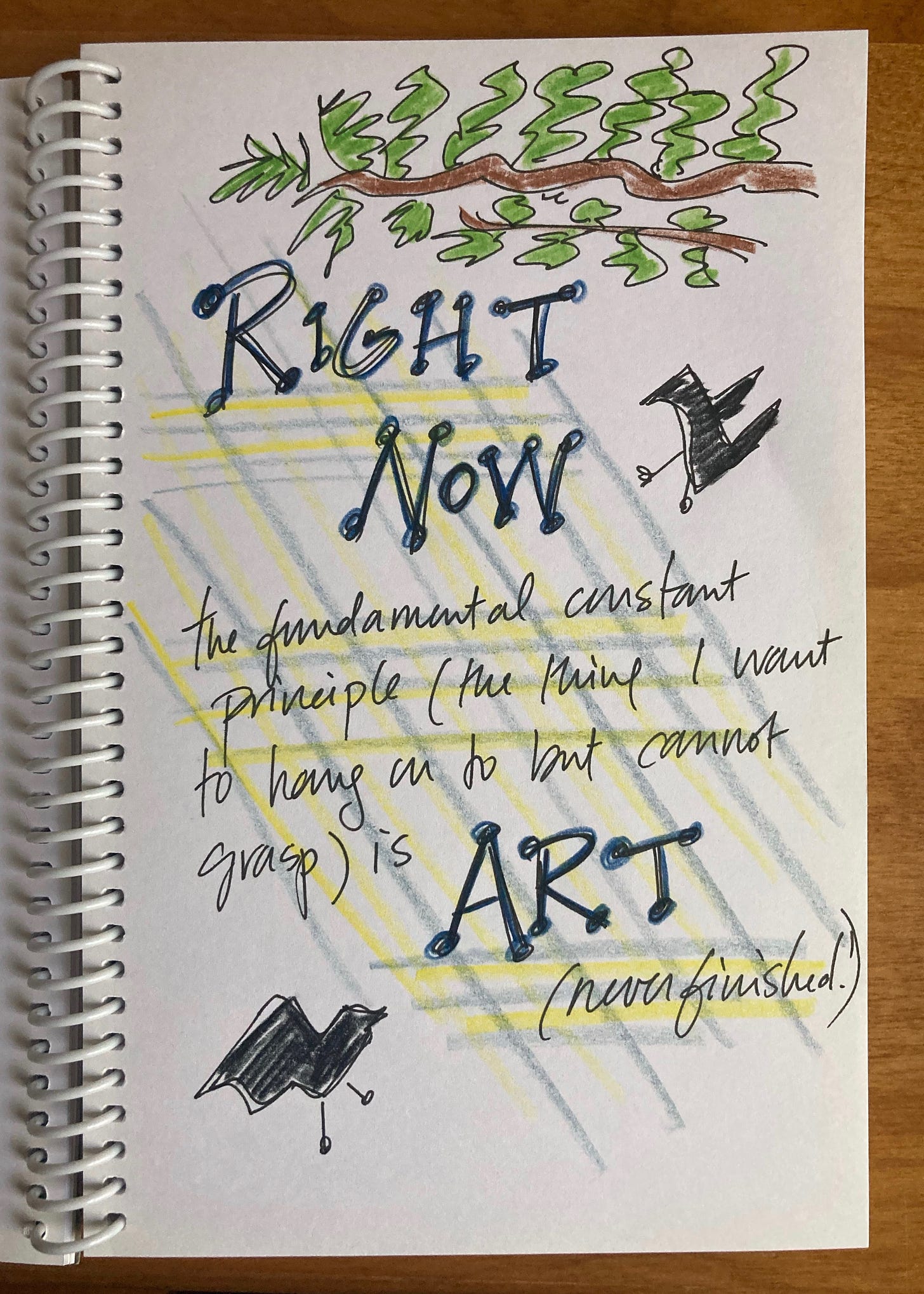 photo of a sketchbook open to an ink and colored pencil sketch of a tree branch, crows, and sunlight and shadows with the handwritten text: Right now the fundamental constant principle (the thing I want to hang on to but cannot grasp) is art (never finished)