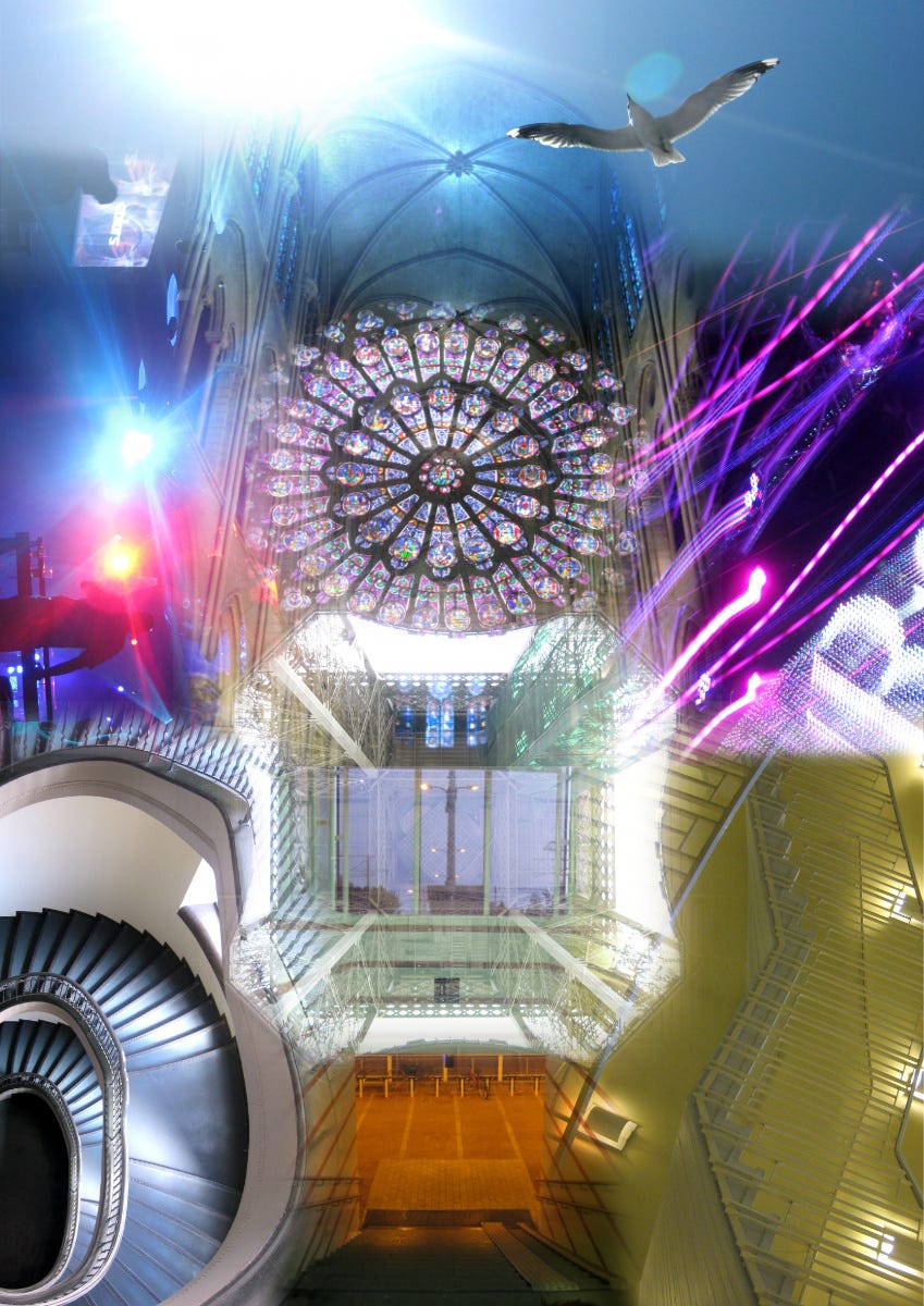 Digital collage consisting of photographs: a cathedral window and ceiling, a seagull flying towards the sun, three pairs of staircases leading down, and light flares in red, blue and purple.